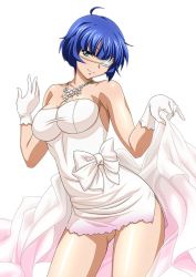 Rule 34 | 00s, 1girl, ahoge, bare shoulders, blue hair, blush, bow, breasts, cleavage, dress, eyepatch, gloves, green eyes, ikkitousen, jewelry, large breasts, looking at viewer, mole, mole under mouth, necklace, ryomou shimei, short hair, simple background, smile, solo, strapless, strapless dress, white background, white bow, white gloves