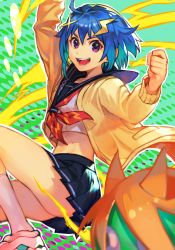 Rule 34 | 1girl, :d, absurdres, ahoge, black sailor collar, black skirt, blanka-chan, blue hair, cardigan, cropped shirt, green background, hair ornament, hairclip, highres, hungry clicker, indie virtual youtuber, long sleeves, looking at viewer, midriff, miniskirt, neckerchief, open cardigan, open clothes, open mouth, pleated skirt, purple eyes, red neckerchief, sailor collar, school uniform, serafuku, shirt, skirt, smile, socks, solo, street fighter, white shirt, white socks, x hair ornament, yellow cardigan