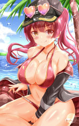 Rule 34 | 1girl, baseball cap, beach, bikini, bikini bottom pull, black hat, black jacket, blush, breasts, cleavage, closed mouth, collarbone, eyewear on headwear, hat, heart, heart-shaped eyewear, heterochromia, highres, hololive, houshou marine, houshou marine (summer), jacket, large breasts, licking lips, long hair, navel, ocean, off shoulder, official alternate costume, palm tree, plaid, red bikini, red eyes, red hair, sitting, solo, sunglasses, swimsuit, tongue, tongue out, tree, twintails, virtual youtuber, water, water drop, wet, xenon (for achieve), yellow eyes