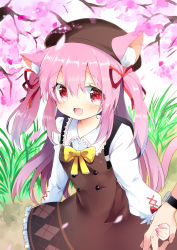 Rule 34 | 1girl, 1other, absurdres, animal ear fluff, animal ears, azur lane, brown dress, brown headwear, cat ears, cat tail, cherry blossoms, dress, fang, flower, holding hands, hat, highres, kisaragi (azur lane), long hair, nail polish, open mouth, outdoors, petals, pink eyes, pink hair, pone, ribbon, shirt, smile, tail, tree, two side up, watch, white shirt, wristwatch