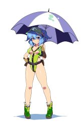 Rule 34 | 1girl, alternate costume, bad id, bad pixiv id, belt, blue eyes, blue hair, boots, breasts, female focus, full body, gloves, hair bobbles, hair ornament, hand on own hip, highres, kawashiro nitori, large breasts, looking at viewer, matching hair/eyes, meicha, one-piece swimsuit, pouch, race queen, short hair, simple background, smile, solo, swimsuit, touhou, twintails, two side up, umbrella, visor cap, white background