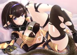 Rule 34 | 1girl, absurdres, arknights, bandeau, barefoot, bed, between breasts, black hair, blue eyes, breasts, cleavage, covered erect nipples, dress, eunectes (arknights), feet, fingerless gloves, fishnets, gloves, goggles, unworn goggles, headband, headhunting permit (arknights), highres, hime cut, legs up, linjinghai, looking at viewer, lying, medium breasts, microdress, mole, mole under eye, on back, on bed, pointy ears, see-through, short hair, skindentation, snake tail, solo, tail, thigh strap, thighhighs, thighs, toes, torn clothes, torn thighhighs, yellow dress