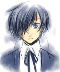 Rule 34 | 1boy, atlus, blue eyes, blue hair, cable, closed mouth, collared shirt, expressionless, grey eyes, headphones, looking at viewer, male focus, matching hair/eyes, persona, persona 3, ribbon, shirt, solo, upper body, yuuki makoto (persona 3)