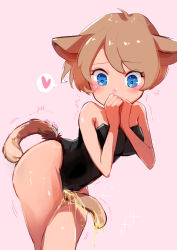 Rule 34 | 1girl, absurdres, animal ears, artist name, bare shoulders, between legs, black leotard, blue eyes, blush, breasts, brown hair, cat ears, cat girl, cat tail, covering own mouth, cowboy shot, ears down, female focus, hands up, have to pee, heart, heart-shaped pupils, highres, leotard, looking down, medium breasts, migou, original, own hands together, pee, peeing, peeing self, pink background, shiny skin, short hair, sidelocks, signature, simple background, solo, speech bubble, spoken heart, standing, strapless, strapless leotard, symbol-shaped pupils, tail, tail between legs, trembling, wide-eyed