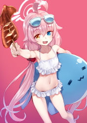 Rule 34 | 1girl, :3, :d, ahoge, bare legs, bare shoulders, bikini, blue-tinted eyewear, blue archive, blue eyes, eyewear on head, fang, feet out of frame, food, frilled bikini, frilled swimsuit, frills, gradient background, hair between eyes, hair ornament, halo, heterochromia, highres, holding, holding food, holding toy, hoshino (blue archive), hoshino (swimsuit) (blue archive), ikayaki, inflatable toy, inflatable whale, long hair, looking at viewer, low twintails, matsuryuu, navel, open mouth, orange eyes, pink background, pink hair, simple background, skewer, smile, solo, squid, swimsuit, tinted eyewear, toy, twintails, white-framed eyewear, white bikini