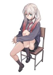 Rule 34 | 1girl, absurdres, aqua eyes, black socks, cardigan, chair, choker, closed mouth, diagonal stripes, full body, girls&#039; frontline, gradient hair, hair between eyes, hair ornament, hairclip, highres, interlocked fingers, leg up, loafers, lwmmg (girls&#039; frontline), multicolored hair, necktie, own hands together, pink hair, pleated skirt, rff (3 percent), school uniform, shoes, silver hair, simple background, sitting, skirt, sleeves past wrists, socks, solo, striped necktie, striped neckwear, twintails, two-tone hair, white background
