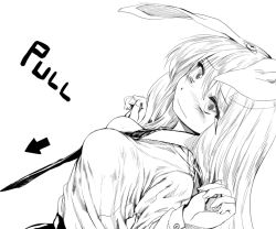 Rule 34 | 1girl, animal ears, arrow (symbol), blush, english text, geppewi, greyscale, long hair, long sleeves, looking at viewer, monochrome, necktie, rabbit ears, reisen udongein inaba, shirt, simple background, sketch, solo, text focus, touhou, wavy mouth, white background