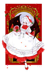 Rule 34 | 1girl, absurdres, adapted costume, alternate hair color, bat wings, bow, commentary request, dated, dress, fang, flower, frills, full body, hat, hat bow, highres, juliet sleeves, long sleeves, looking at viewer, medium hair, mob cap, open mouth, puffy sleeves, red eyes, red flower, red footwear, red rose, remilia scarlet, ringocha, rose, shoes, skirt hold, smile, socks, solo, thorns, touhou, white dress, white hair, white hat, white socks, wings