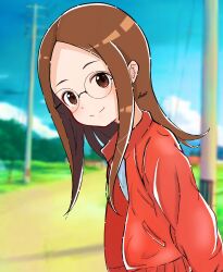 Rule 34 | 1girl, bespectacled, blue sky, blurry, blurry background, brown eyes, brown hair, closed mouth, commentary request, day, dirt road, forehead, glasses, highres, jacket, karakai jouzu no takagi-san, long hair, long sleeves, looking at viewer, open clothes, open jacket, outdoors, pocket, power lines, red jacket, road, round eyewear, shirt, signature, sky, smile, solo, takagi-san, upper body, utility pole, white shirt, yofukashi (mintear5)