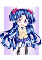 Rule 34 | 00s, blue hair, chibi, clannad, hair bobbles, hair ornament, ichinose kotomi, ion (artist), long hair, purple eyes, school uniform, solo, twintails, two side up