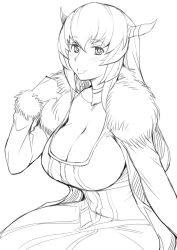 Rule 34 | 1girl, :p, aged up, arm support, blush, breasts, choker, cleavage, cosplay, demon girl, dress, fur trim, greyscale, horns, large breasts, long hair, looking at viewer, maou (maoyuu), maou (maoyuu) (cosplay), maoyuu maou yuusha, monochrome, rozen maiden, simple background, sitting, solo, suigintou, tongue, tongue out, tsuda nanafushi