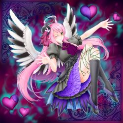 Rule 34 | 1girl, black legwear, breasts, duel monster, full body, ghostrick angel of mischief, ghostrick spoiled angel, green eyes, hat, heart, highres, long hair, multicolored hair, multicolored wings, nail polish, one eye closed, open mouth, pink hair, purple hair, side ponytail, solo, usoutsuki, white hair, wings, yu-gi-oh!