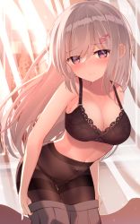 Rule 34 | 1girl, bare arms, bare shoulders, black bra, black panties, black pantyhose, blush, bow, bow bra, bra, breasts, cleavage, closed mouth, commentary request, covered navel, eyes visible through hair, grey hair, grey skirt, hair ornament, hair over one eye, hairclip, highres, leaning forward, looking at viewer, medium breasts, niruanu (nitayam), original, panties, panties under pantyhose, pantyhose, pleated skirt, red eyes, school uniform, see-through, skirt, solo, underwear, undressing