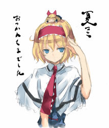 Rule 34 | 1girl, = =, alice margatroid, blonde hair, blue eyes, capelet, female focus, hairband, looking away, nabeshima tetsuhiro, necktie, on head, person on head, salute, shanghai doll, short hair, sketch, solo, sweatdrop, touhou, translated