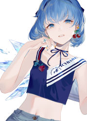 Rule 34 | 1girl, alternate costume, bare arms, bare shoulders, blue choker, blue eyes, blue hair, blue hairband, blue nails, blue ribbon, blue shirt, choker, cirno, collarbone, commentary request, crop top, hairband, highres, ice, ice wings, looking at viewer, midriff, nail art, nail polish, navel, reeh (yukuri130), ribbon, ribbon choker, shirt, short hair, simple background, sleeveless, sleeveless shirt, solo, stomach, touhou, upper body, white background, wings, yellow nails