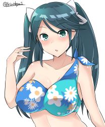 Rule 34 | 10s, 1girl, absurdres, bare shoulders, bikini, bikini top only, blue eyes, blue hair, breasts, commentary, floral print, hair ribbon, highres, isuzu (kancolle), kantai collection, kiritto, large breasts, long hair, looking at viewer, one-hour drawing challenge, open mouth, ribbon, single-shoulder bikini, solo, swimsuit, twintails, twitter username