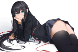 Rule 34 | 1girl, ass, black hair, black jacket, black skirt, black thighhighs, brown cardigan, cardigan, closed mouth, collared shirt, commentary, english commentary, green eyes, hair between eyes, highres, jacket, lips, long hair, lying, on back, original, pleated skirt, red ribbon, ribbon, shirt, sidelocks, simple background, skirt, solo, starblue, thighhighs, thighs, uniform, white background, white shirt