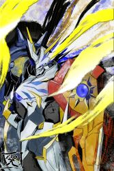 Rule 34 | blue eyes, digimon, digimon (creature), energy, highres, horns, looking at viewer, omegamon, omegamon x-antibody, solo