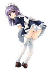 Rule 34 | 1girl, ass, blush, cameltoe, dress, frilled dress, frills, from behind, highres, holding, holding tray, leaning forward, looking at viewer, looking back, maid, maid headdress, original, panties, pigeon-toed, puffy short sleeves, puffy sleeves, purple eyes, purple hair, shibacha, shoes, short sleeves, sidelocks, simple background, smile, solo, standing, thighhighs, tray, underwear