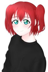 Rule 34 | 10s, 1girl, artist name, black shirt, blush, closed mouth, female focus, green eyes, hair between eyes, highres, kurosawa ruby, looking at viewer, love live!, love live! sunshine!!, red hair, shirt, short hair, smile, solo, twintails, white background, yagichan1203