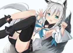 Rule 34 | 1girl, ahoge, aies, animal ears, armpits, black shorts, blue eyes, blush, braid, breasts, cleavage, collarbone, commentary, detached sleeves, feet out of frame, fox ears, fox girl, fox tail, hair between eyes, highres, hololive, key, legband, long hair, looking at viewer, lying, medium breasts, on back, open mouth, shirakami fubuki, shirakami fubuki (1st costume), shorts, side braid, sideboob, silver hair, single thighhigh, smile, solo, tail, thigh strap, thighhighs, virtual youtuber