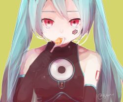 Rule 34 | 1girl, aqua hair, bare shoulders, black gloves, black shirt, black sleeves, cd, commentary, detached sleeves, eating, elbow gloves, facial tattoo, gears, gloves, green background, hatsune miku, holding, holding spoon, key, lady-ichiko, long hair, looking at viewer, open mouth, red eyes, sadistic music factory (vocaloid), shirt, shoulder tattoo, solo, spoon, tattoo, twintails, twitter username, vocaloid