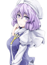 Rule 34 | 1girl, blush, breasts, capelet, closed mouth, commentary request, from side, hat, highres, juliet sleeves, large breasts, letty whiterock, light purple hair, long sleeves, looking at viewer, looking to the side, mob cap, puffy sleeves, purple eyes, short hair, smile, solo, touhou, upper body, white background, y2