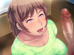 Rule 34 | 1girl, blush, breasts, brown hair, censored, edo shigezu, erection, floor, from above, game cg, huge breasts, indoors, looking up, mole, mole under eye, mosaic censoring, naughty face, open mouth, original, penis, pink eyes, saimin eyedrops, short hair, smile, solo focus, upper body, wooden floor
