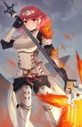 Rule 34 | 1girl, armor, armored boots, boots, breastplate, breasts, closed mouth, cloud, cloudy sky, commentary request, day, doiparuni, fire, flaming weapon, headpiece, highres, holding, holding polearm, holding weapon, large breasts, looking at viewer, outdoors, polearm, pyra (xenoblade), red eyes, red hair, sky, solo, spear, weapon, xenoblade chronicles (series), xenoblade chronicles 2