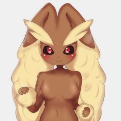 Rule 34 | 1girl, :3, animal hands, animal nose, black sclera, blush, body fur, breasts, breasts apart, closed mouth, collarbone, colored sclera, creatures (company), female focus, furry, furry female, game freak, gen 4 pokemon, grey background, hands up, happy, highres, long ears, looking at viewer, lopunny, medium breasts, navel, nintendo, pokemon, pokemon (creature), rabbit ears, rabbit girl, red eyes, simple background, smile, solo, stomach, straight-on, two-tone fur, upper body, yellow fur, yutti (pixiv 92453386)