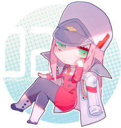 Rule 34 | 1girl, black pantyhose, boots, buttons, character name, chibi, cloak, copyright name, darling in the franxx, double-breasted, dress, green eyes, halftone, halftone background, hat, jacket, jacket on shoulders, long hair, looking at viewer, necktie, pantyhose, pink hair, red dress, sitting, solo, sylvia (huajiuhuajiu), uniform, white cloak, white footwear, white hat, zero two (darling in the franxx)