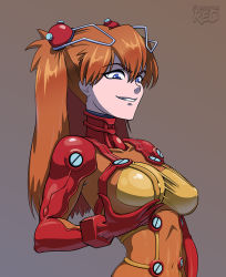 Rule 34 | 1girl, blue eyes, bodysuit, breasts, brown hair, covered erect nipples, covered navel, evangelion: 2.0 you can (not) advance, flannaganthered, grabbing own breast, grin, long hair, looking down, medium breasts, naughty face, neon genesis evangelion, plugsuit, puffy nipples, rebuild of evangelion, grabbing own breast, smile, solo, souryuu asuka langley, test plugsuit, twintails