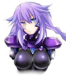 Rule 34 | 1girl, :|, adapted costume, armor, blue eyes, bodysuit, braid, breasts, cleavage, closed mouth, covered erect nipples, flipped hair, gorget, hair between eyes, highres, impossible bodysuit, impossible clothes, large breasts, long hair, looking at viewer, muv-luv, neptune (neptunia), neptune (series), nipples, parody, pauldrons, pilot suit, power symbol, power symbol-shaped pupils, purple hair, purple heart (neptunia), shishin (shishintei), shoulder armor, sidelocks, simple background, skin tight, solo, symbol-shaped pupils, tanaka rie, turtleneck, twin braids, upper body, very long hair, voice actor connection, white background