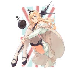Rule 34 | 1girl, black footwear, blonde hair, blue eyes, blush, braid, breasts, brown thighhighs, cape, closed mouth, crown, dress, french braid, full body, garter straps, globus cruciger, holding, hugging own legs, kantai collection, long hair, long sleeves, mary janes, mini crown, off-shoulder dress, off shoulder, scepter, shoes, solo, thighhighs, union jack, warspite (kancolle), weidashming, white background