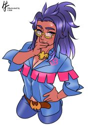 Rule 34 | 1girl, absurdres, artist name, blue hair, breasts, cleavage, creatures (company), dark-skinned female, dark skin, game freak, glasses, hair ornament, hand on own hip, highres, inaho0734, jewelry, lips, long hair, looking at viewer, medium breasts, nintendo, pendant, pokemon, pokemon sv, ponytail, purple hair, raifort (pokemon), simple background, smile, standing, very long hair, white background, wide hips