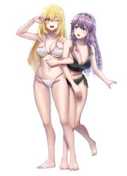Rule 34 | 2girls, bare shoulders, barefoot, bikini, black bikini, blonde hair, breasts, commentary, drill hair, female focus, full body, gluteal fold, groin, hair between eyes, highres, hokaze junko, large breasts, leaning forward, locked arms, long hair, looking at another, looking at viewer, multiple girls, navel, one eye closed, open mouth, purple eyes, purple hair, ringlets, shokuhou misaki, simple background, skindentation, smile, sparkling eyes, standing, standing on one leg, sweatdrop, swimsuit, thighs, toaru kagaku no mental out, toaru kagaku no railgun, toaru majutsu no index, tsukumo momo, underboob, w, w over eye, white background, white bikini