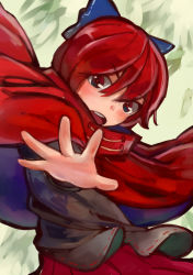 Rule 34 | 1girl, bow, cape, hair bow, kukkuru, open mouth, outstretched arm, red eyes, red hair, sekibanki, short hair, skirt, solo, touhou