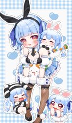Rule 34 | 4girls, absurdres, animal ears, animal hands, back bow, black dress, black hairband, black necktie, black skirt, blue hair, blue skirt, blunt bangs, blush, bow, center frills, chibi, chibi inset, commentary, detached collar, detached sleeves, dress, fake animal ears, fishnet thighhighs, fishnets, frilled dress, frilled thighhighs, frills, gloves, hairband, highres, hololive, leaning forward, looking at viewer, medium hair, multiple girls, multiple persona, necktie, official alternate costume, official alternate hairstyle, open mouth, paw gloves, pekomon (usada pekora), pleated skirt, puffy detached sleeves, puffy short sleeves, puffy sleeves, rabbit ears, self borrowed hairstyle, short dress, short necktie, short sleeves, skirt, sleeveless, sleeveless dress, strappy heels, thighhighs, twintails, uchuu aruku, usada pekora, usada pekora (1st costume), usada pekora (casual), usada pekora (furi furi bunny dress), usada pekora (prisoner), virtual youtuber, white sleeves, wrist cuffs