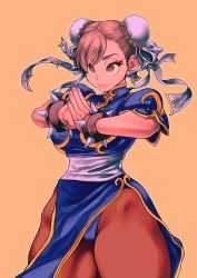 Rule 34 | 1girl, absurdres, akikou sunlight, blue dress, bracelet, breasts, brown eyes, brown hair, brown pantyhose, bun cover, capcom, china dress, chinese clothes, chun-li, clenched hand, cowboy shot, double bun, dress, earrings, eyelashes, eyeliner, fist in hand, hair bun, highres, jewelry, large breasts, lips, makeup, own hands together, palm-fist greeting, pantyhose, pink lips, sash, short hair, side slit, simple background, solo, spiked bracelet, spikes, street fighter, thick thighs, thighs, yellow background