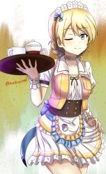 Rule 34 | 1girl, apron, back bow, blonde hair, blouse, blue bow, blue eyes, bow, bow choker, braid, choker, closed mouth, coco&#039;s, commentary, cowboy shot, cropped jacket, cup, darjeeling (girls und panzer), emblem, frilled apron, frilled cuffs, frills, girls und panzer, highres, holding, holding tray, jacket, looking at viewer, maid headdress, miniskirt, official alternate costume, one eye closed, puffy short sleeves, puffy sleeves, redbaron, shirt, short hair, short sleeves, skirt, skirt hold, smile, solo, st. gloriana&#039;s (emblem), standing, teacup, teapot, tray, twin braids, twitter username, waist apron, waitress, white shirt, white skirt, yellow choker, yellow jacket