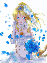 Rule 34 | 1girl, artist request, ayase eli, bare shoulders, blonde hair, blue eyes, blue flower, blue petals, blue rose, blush, bouquet, breasts, bridal veil, bride, cleavage, collarbone, dress, earrings, elbow gloves, female focus, flower, frills, garter straps, gloves, hair between eyes, hair bobbles, hair flower, hair ornament, hair scrunchie, high ponytail, highres, holding, holding bouquet, jewelry, long hair, looking at viewer, love live!, love live! school idol festival, love live! school idol project, medium breasts, parted lips, petals, ponytail, ribbon, ritsuka (pixiv45801498), rituka, rose, scrunchie, short hair, skirt, solo, strapless, strapless dress, tiara, veil, wedding, wedding dress, white background, white dress, white flower, white gloves, white scrunchie, white skirt, yellow ribbon