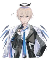 Rule 34 | 1boy, arknights, black gloves, black jacket, blonde hair, blue eyes, blue necktie, closed mouth, coat, coat on shoulders, collared shirt, crossed bangs, detached wings, executor (arknights), executor (titleless code) (arknights), fingerless gloves, gloves, halo, hand on own hip, highres, jacket, looking at viewer, male focus, necktie, ojsn 00, shirt, short hair, simple background, solo, upper body, white background, white coat, white shirt, wings