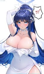 Rule 34 | 1girl, :t, absurdres, artist name, bare shoulders, blue archive, blue hair, blue halo, breasts, choker, cleavage, collarbone, colored inner hair, commentary, covered navel, dress, elbow gloves, gloves, halo, highres, hot, large breasts, long hair, looking at viewer, multicolored hair, official alternate costume, ponytail, pout, pumiss, saori (blue archive), saori (dress) (blue archive), simple background, solo, sweat, thighs, two-tone hair, white background, white choker, white dress, white gloves