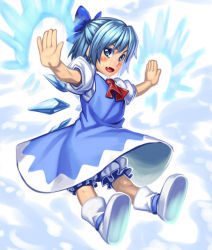 Rule 34 | 1girl, bloomers, blue eyes, blue hair, blush, boots, bow, cirno, dress, fang, h kasei, hair bow, ice, matching hair/eyes, open mouth, outstretched arms, short hair, sketch, smile, solo, spread arms, touhou, underwear, wings