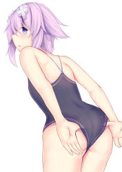 Rule 34 | 1girl, ass, back, bare shoulders, d-pad, daiaru, hair ornament, hairclip, lifting own clothes, looking at viewer, looking back, neptune (neptunia), neptune (series), one-piece swimsuit, open mouth, purple eyes, purple hair, short hair, shoulder strap, solo, swimsuit
