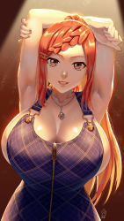 Rule 34 | armpits, arms up, braid, breasts, cecilia campbell, cleavage, dress, ge xi, hair ornament, hairclip, high ponytail, highres, huge breasts, jewelry, large breasts, levasol defense corps, looking at viewer, necklace, orange eyes, orange hair, original, patterned clothing, sidelocks, smile, solo, witches in 7th base