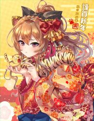 Rule 34 | 1girl, 2022, absurdres, aisaka taiga, animal ears, animal print, black bow, blush, bow, brown eyes, brown hair, chinese zodiac, commentary request, floral print, fur trim, hair bow, hair ornament, happy new year, high ponytail, highres, japanese clothes, kimono, long hair, new year, obi, palmtop tiger, ponytail, pout, print kimono, red bow, sash, shashaki, tiger, tiger ears, tiger print, toradora!, upper body, wavy hair, wide sleeves, year of the tiger