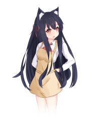 Rule 34 | 1girl, animal ear fluff, animal ears, apron, black hair, black skirt, brown apron, cat ears, chisuzu mei, collared shirt, fang, hair between eyes, hair ribbon, hand on own hip, highres, long hair, long sleeves, looking at viewer, nagato-chan, one side up, open mouth, paryi project, pleated skirt, red eyes, red neckwear, red ribbon, ribbon, shirt, simple background, skirt, solo, very long hair, virtual youtuber, white background, white shirt