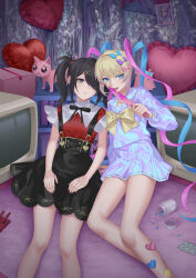 Rule 34 | 2girls, absurdres, ame-chan (needy girl overdose), arm support, balloon, black eyes, black hair, black ribbon, blister pack, blonde hair, blood, bloody knife, blue bow, blue eyes, blue hair, blue serafuku, blue shirt, blue skirt, bow, cat, cellphone, chouzetsusaikawa tenshi-chan, collared shirt, commentary request, crt, curtains, dual persona, emoji, feet out of frame, hair bow, hair ornament, hair over one eye, hand up, hands on own legs, heart balloon, highres, holding, holding knife, indoors, knife, long hair, long sleeves, looking at viewer, lying, multicolored hair, multicolored nails, multiple girls, multiple hair bows, neck ribbon, needy girl overdose, on back, open mouth, phone, pien cat (needy girl overdose), pill, pill bottle, pink blood, pink bow, pink hair, pleading face emoji, pleated skirt, purple bow, quad tails, red shirt, ribbon, sailor collar, school uniform, serafuku, shirt, skirt, smartphone, smile, suspender skirt, suspenders, titapi, twintails, x hair ornament