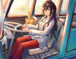 Rule 34 | 1girl, bag, baguette, black hair, bread, closed mouth, commentary, driving, earrings, eyewear on head, feet out of frame, food, fruit, hair between eyes, harness, highres, idolmaster, idolmaster shiny colors, jacket, jewelry, lanzer, long hair, long sleeves, looking at viewer, motor vehicle, nail polish, outdoors, paper bag, red nails, shirase sakuya, sitting, smile, solo, sunglasses, sunglasses on head, tomato, van, volkswagen, volkswagen type 2, white jacket, yellow eyes